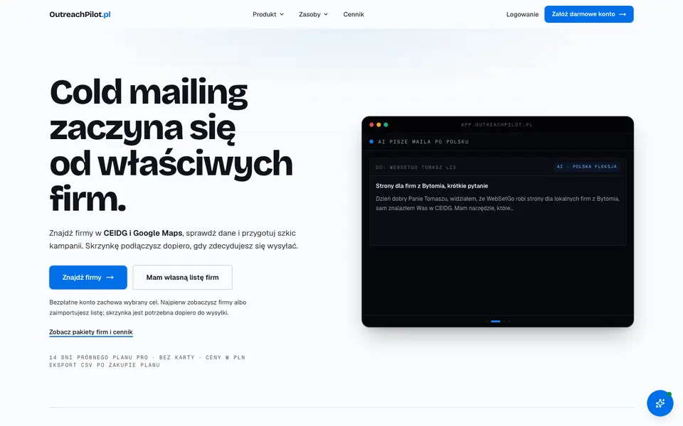 First screen of outreachpilot.pl
