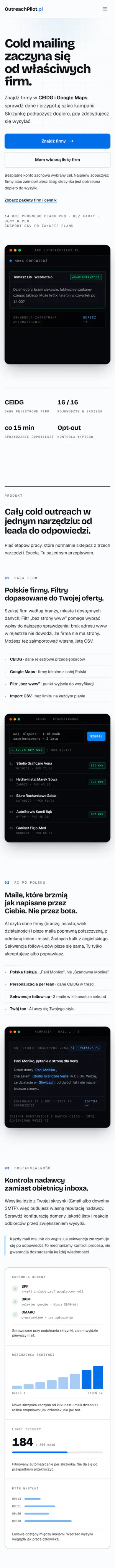 Strona outreachpilot.pl na telefonie, przewijana od góry