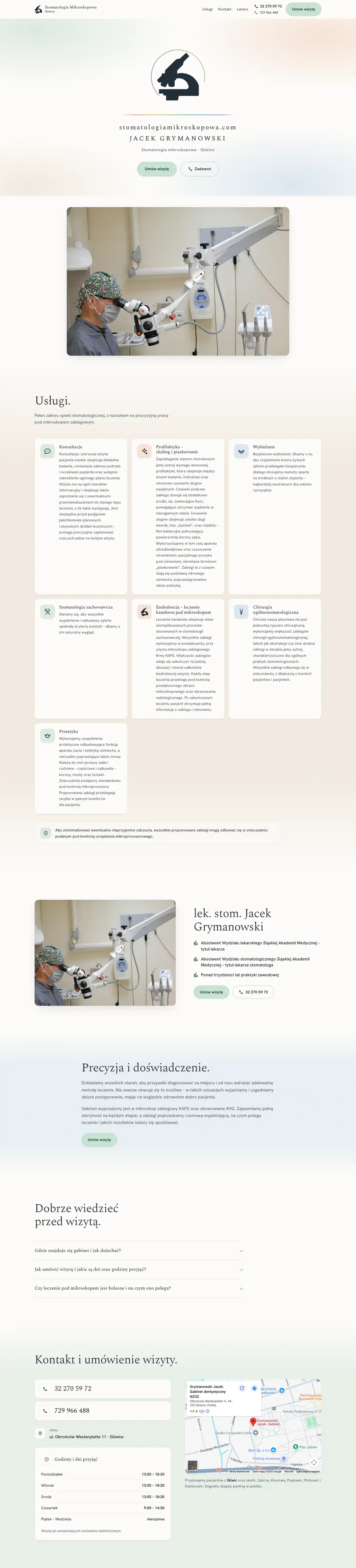 Strona stomatologiamikroskopowa.com na komputerze, przewijana od góry